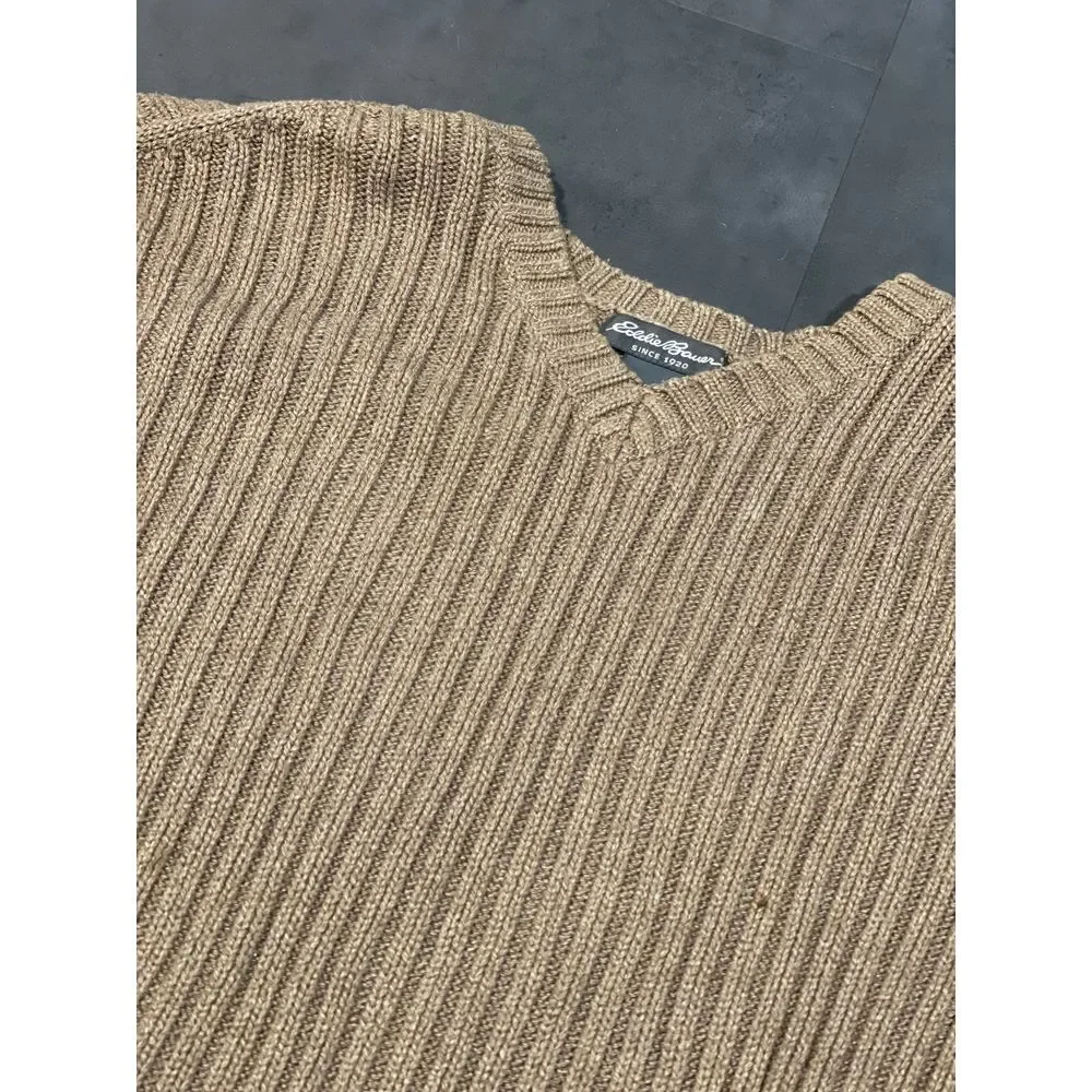 Eddie Bauer Ribbed Crewneck Sweater Cozy Knit Pullover Beige G-100 - Picture 2 of 5